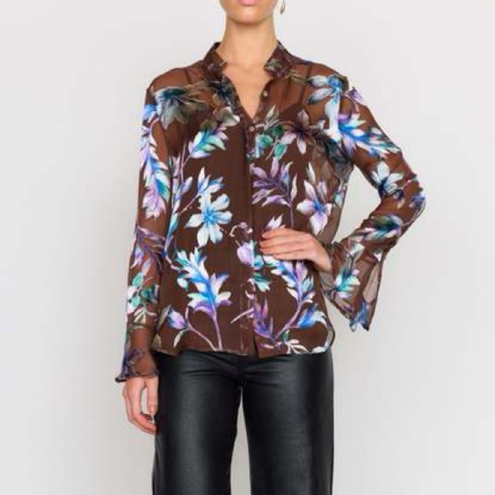 Christy Lynn Sylvia Floral Chiffon Blouse Mahogany Prism Brown Sheer Top NWT L